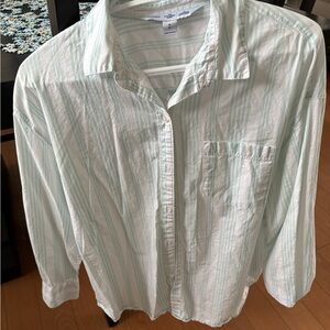 Old Navy Women's White and Green Striped Button Down Shirt